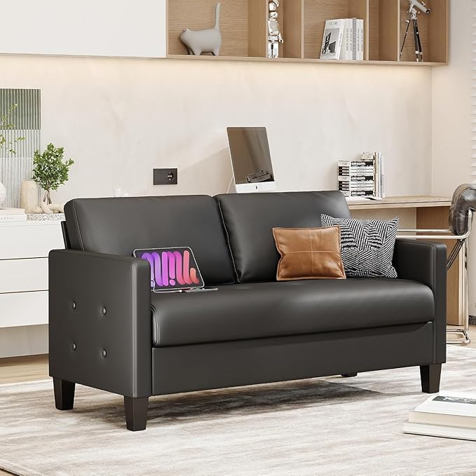 STHOUYN 59” Black Faux Leather Sofa Couch, Modern Comfy Office 2 Seater Couch