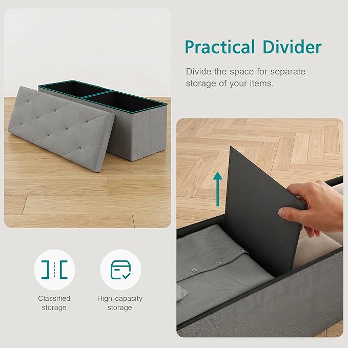 VECELO 43'' Folding Storage Ottoman Bench, Storage Chest, Linen Fabric Foot