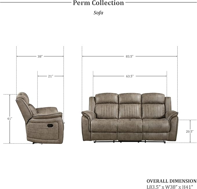 Lexicon Recliner Living Room Set, Home Theater Seating, Manual Polished