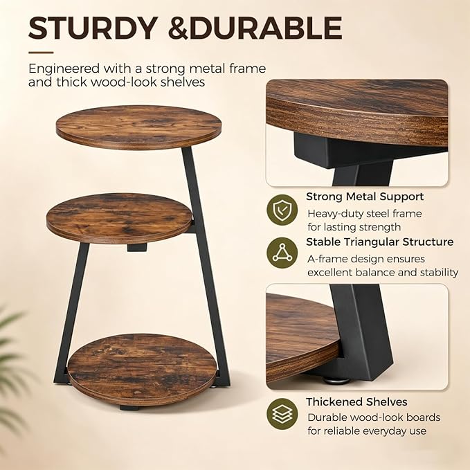 BEWISHOME Round Side Table, 3-Tier End Table, Nightstand