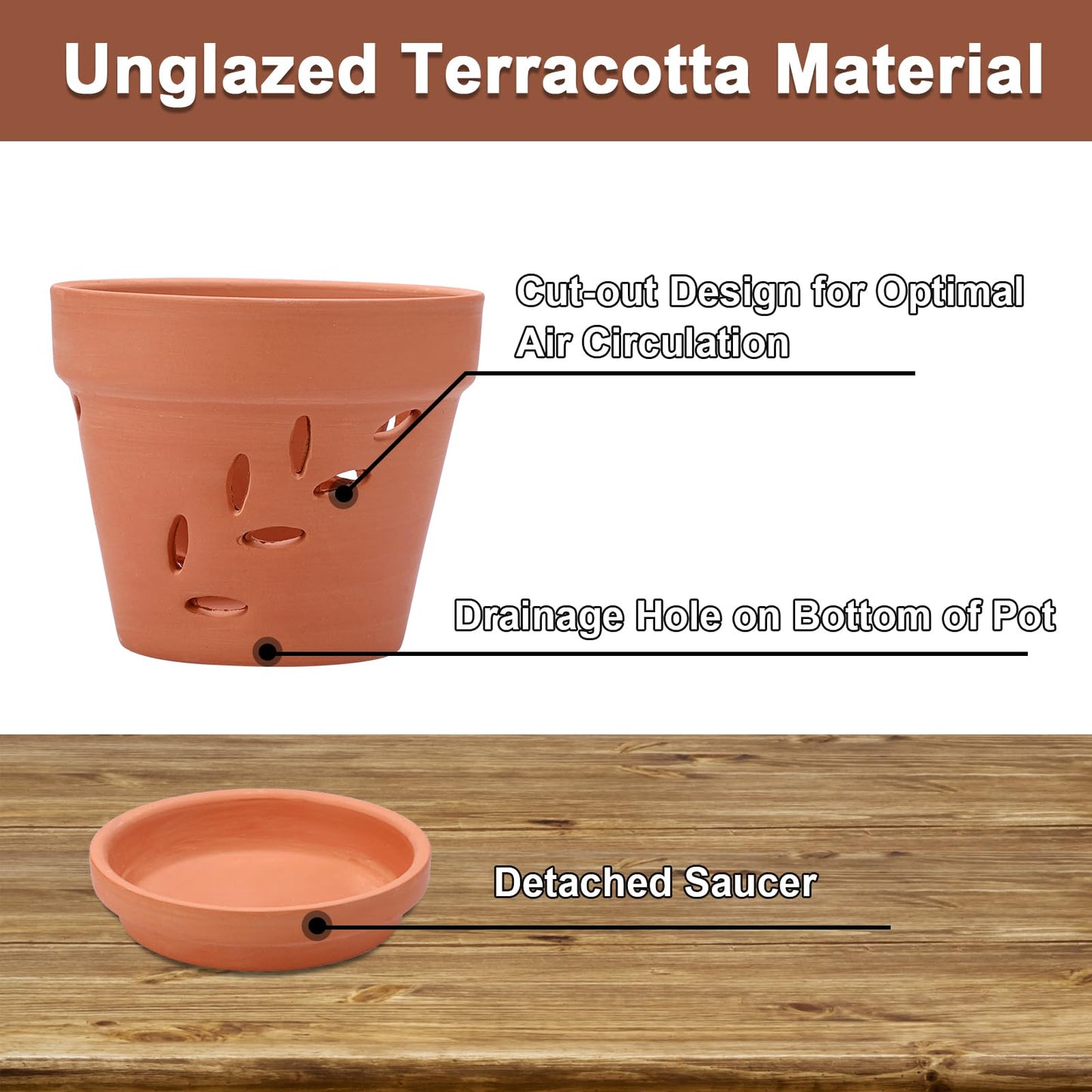 JUXYES 6 Pack Small Terracotta Orchid Pots with Holes and Saucers, Clay Orchid Planter Pots for Repotting, Plant Flower Pots for Orchid Indoor and Outdoor Promotes Air Circulation, 4 Inches