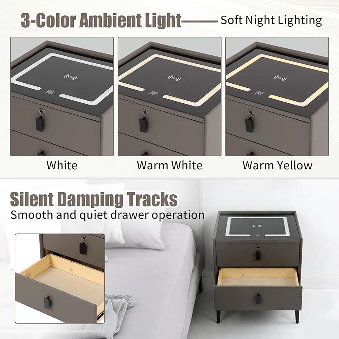 Smart Nightstand with Charging Station, Adjustable LED, USB Ports, Fingerprint