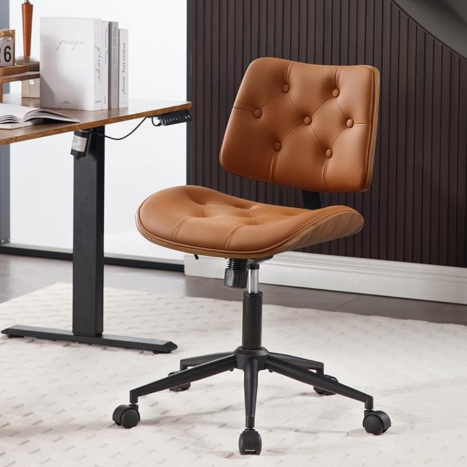 Armless Home Office Chair with Wheels, PU Leather Adjustable Height Computer