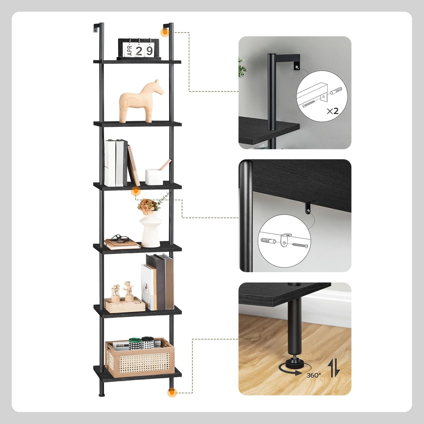 HOOBRO DIY Ladder Shelf, 6-Tier Wooden Wall Mounted Bookshelf, Narrow Bookcase, Display Shelf, Storage Rack, Plant Stand, for Living Room, Bedroom, Study, Balcony, Black BB651CJ01