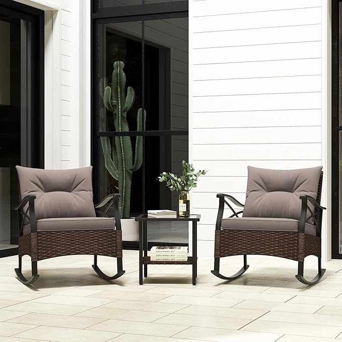 Tangkula 3 Pieces Outdoor Rocking Chairs Set, Rattan Heavy Duty Cushioned