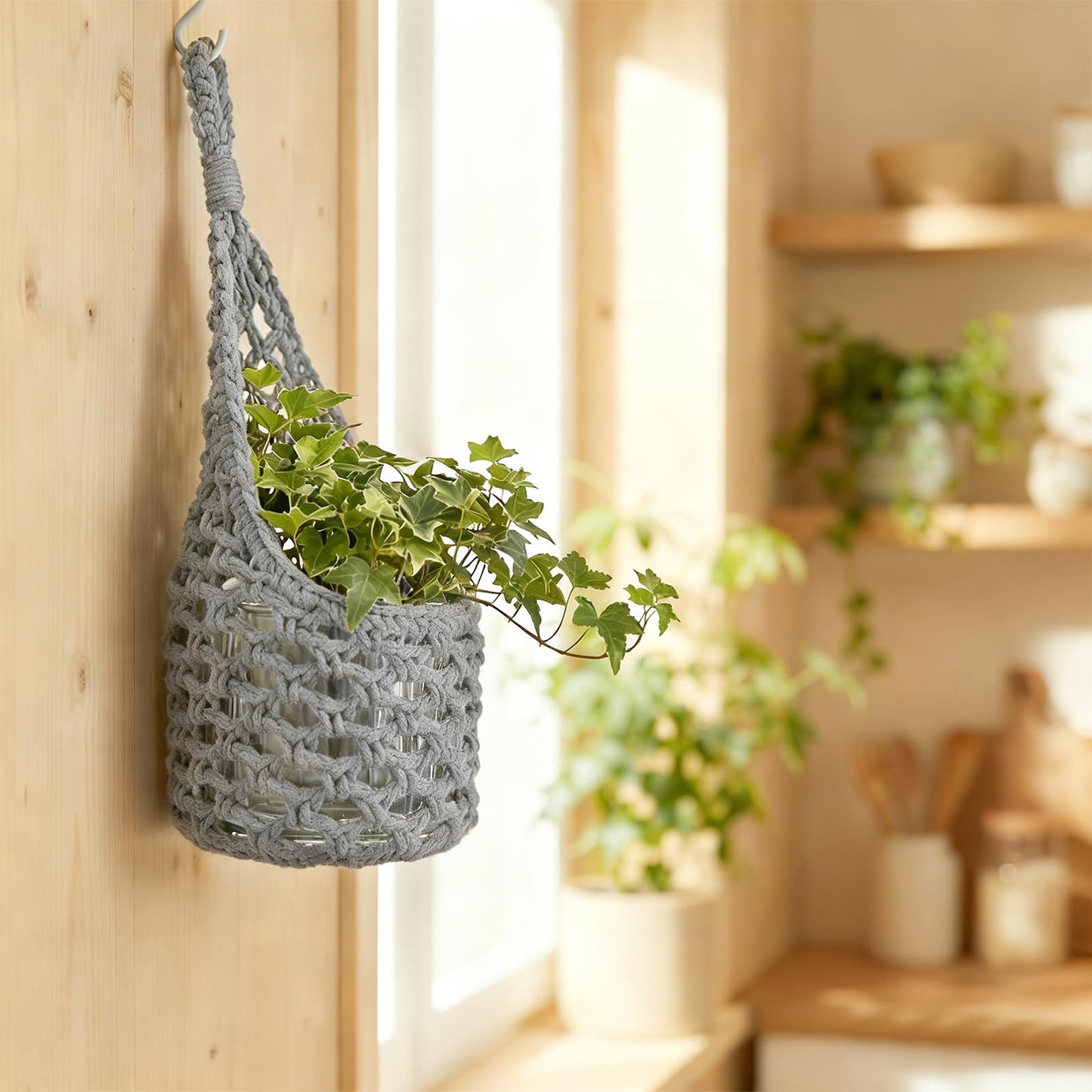 HOREAKHJ Macrame Wall Plant Hanger, Hanging Planter Basket Holder, Wall Planters for Indoor Plants, for Up to 6 Inch Pot (Grey, 6-Inch)