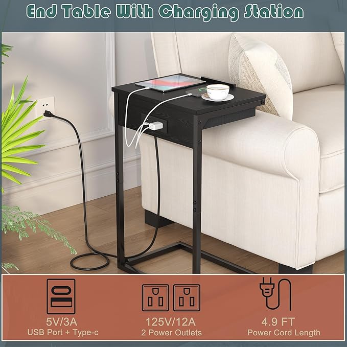 sthmec C Shaped End Table with Charging Station, 45° Tiltable Adjustable Flip