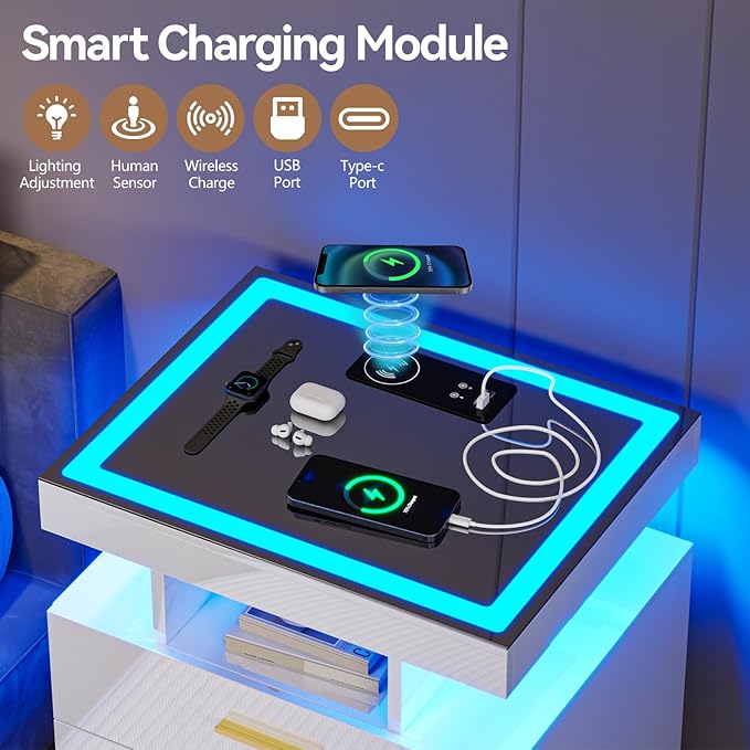 White Night Stand Set 2 with Wireless Charging Station, Smart Bedside Table