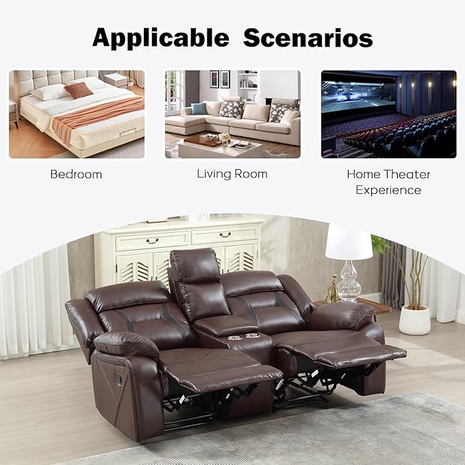 EBELLO Manual Faux Leather Loveseat Recliner, 2 Seat Reclining Sofa Chair