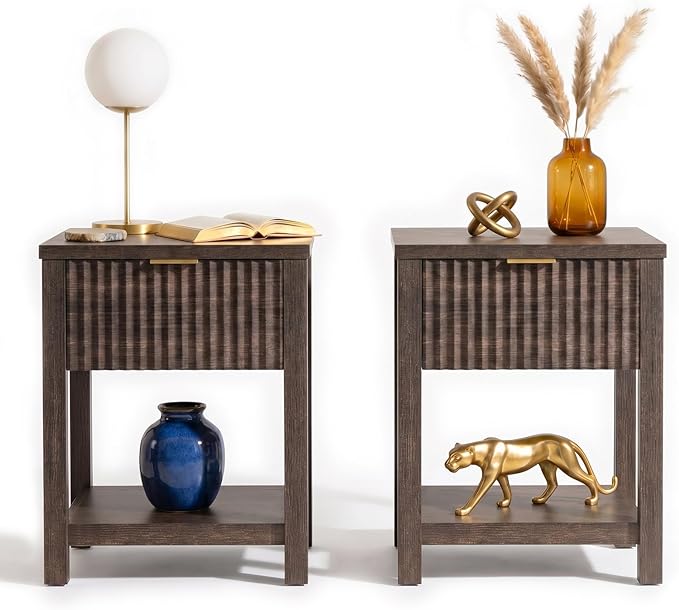 Fluted Night Stand with Golden Handle, Bedside Table with Storage Shelf