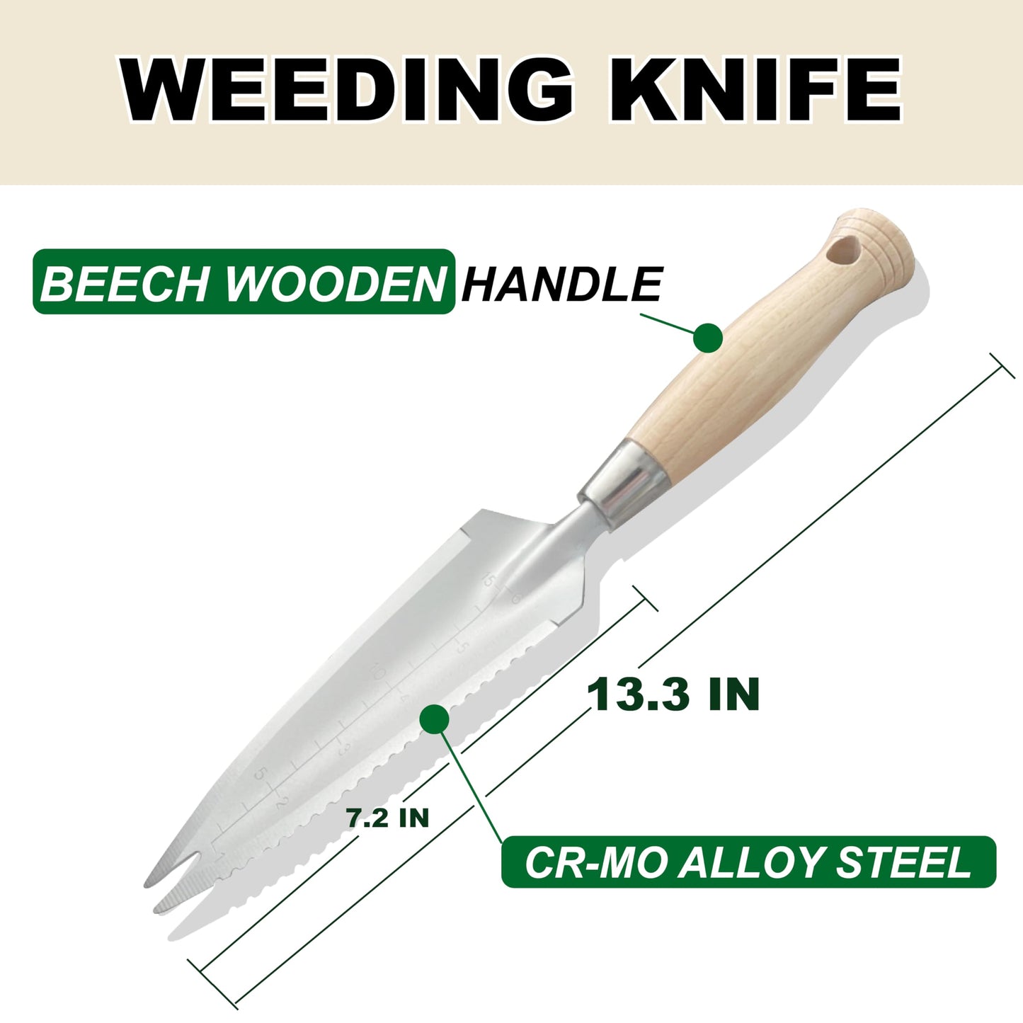 SUMIO 13.3" Alloy Steel Garden Trowel with Forked Tip and Depth Markings, Weeding Knife for Root Cutting, Transplanting, Digging, and Slit Weeding