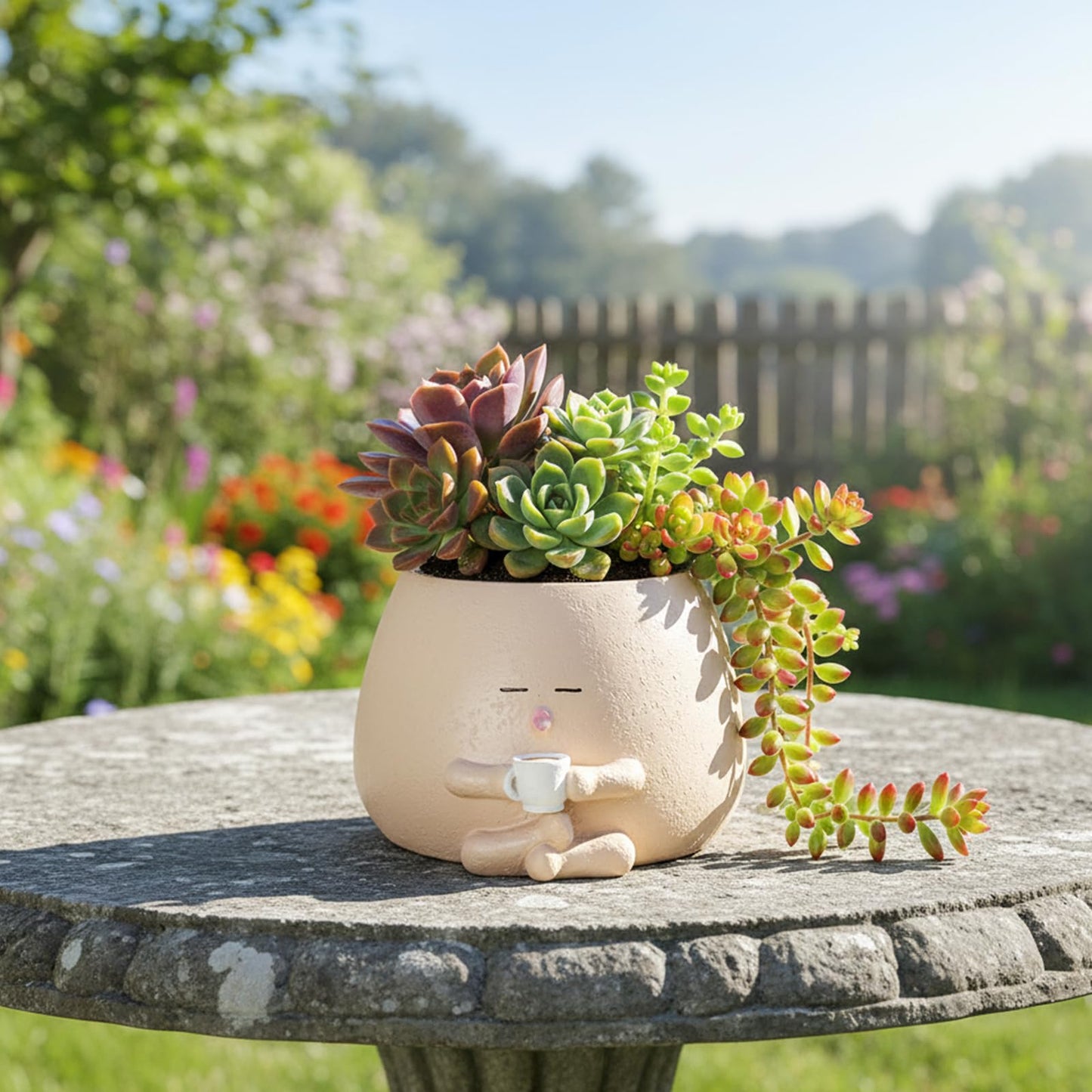 Yhupl Cute Smiling face Coffee Cup Shaped Flower Pot, Unique Seated Resin Planter, with Drainage Holes, Creative Small Home Decoration, Suitable for Indoor and Outdoor Planting (Beige)
