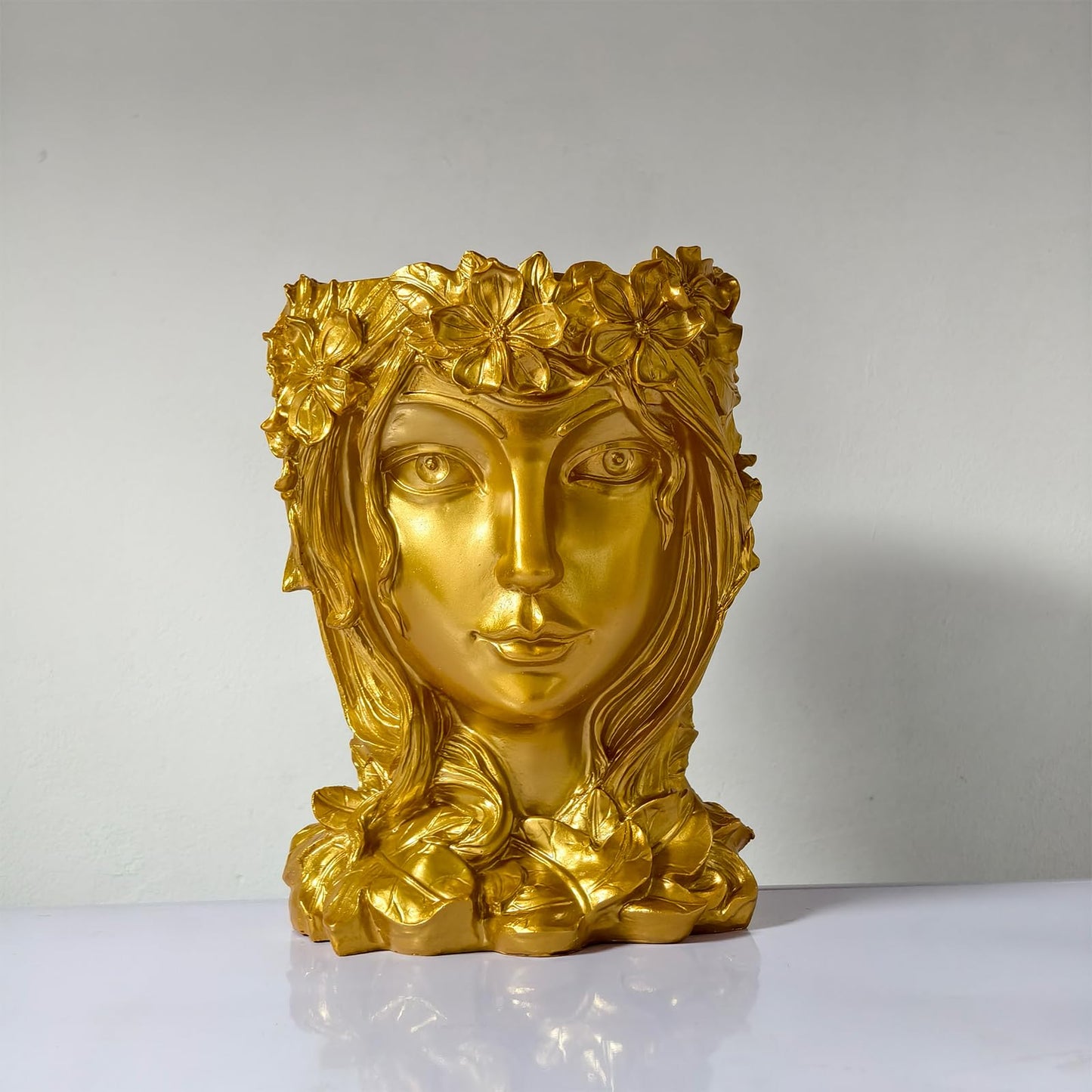 Romehaha Face Flower Pot Head Planter with Drainage Hole - Cute Resin Goddess Face Planter for Indoor & Outdoor Use (Goddess Golden, Large)