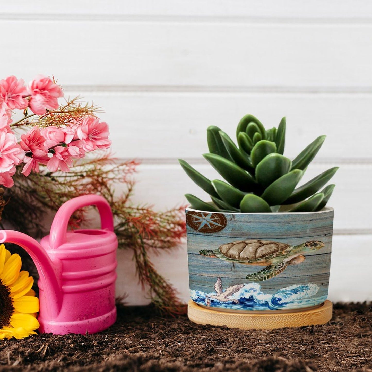 DreamAutumn Ocean Theme Sea Turtle Ceramic Pots for Plants with Drainage Holes Round Flower Pot Bamboo Tray Orchid Pot Succulents Pots for Outdoor Indoor Plants,Housewarming Gifts