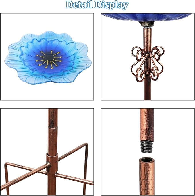 hogardeck 2 in 1 Floral Glass Bird Bath & Feeder - Hanging or Freestanding Outdoor Bird Bath with Sturdy 5-Pronged Base for Garden, Patio, Yard, Lawn Decor