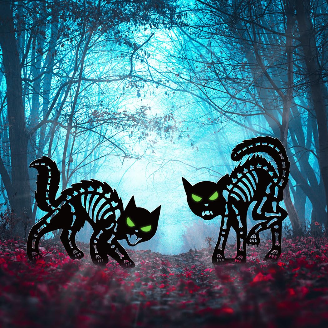 Doesen Halloween Decorations Outdoor Black Cat, Metal Black Cat Halloween Decor, Scary Cats Silhouette with Glow in Dark Eyes, Rust-Proof Lawn Decoration Yard Stakes for Family Home Party Garden Décor