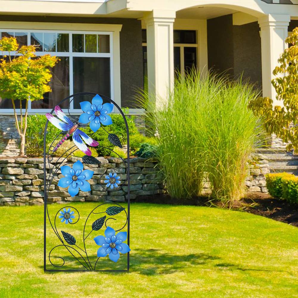 Garden Decor for Outside, YEAHOME 34 Inch Decorative Garden Stakes with Flowers Dragonflies, Metal Spring Yard Decorations for Outdoor Patio Lawn Backyard
