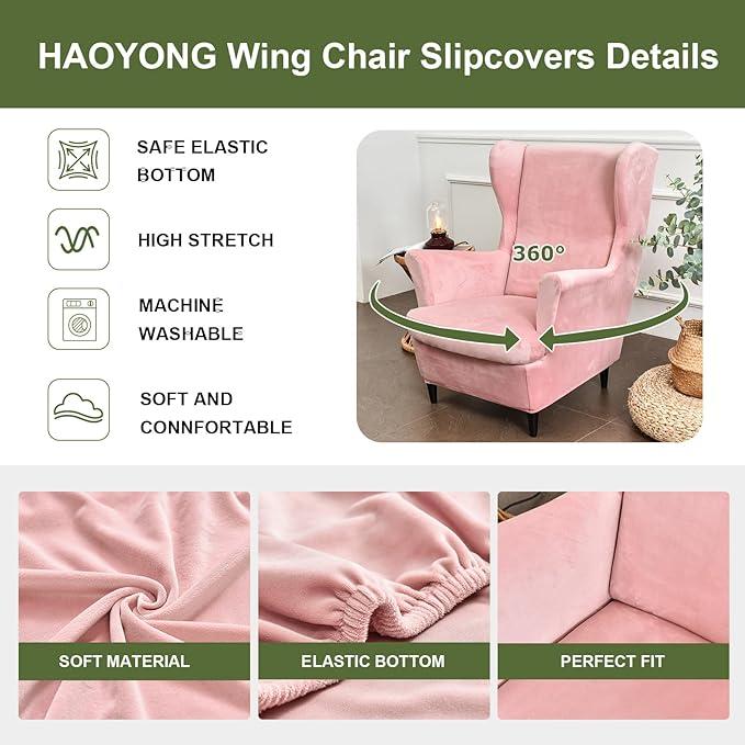 HAOYONG Velvet Wingback Armchair Covers 2-Piece Elastic Stretch Wingback Chair