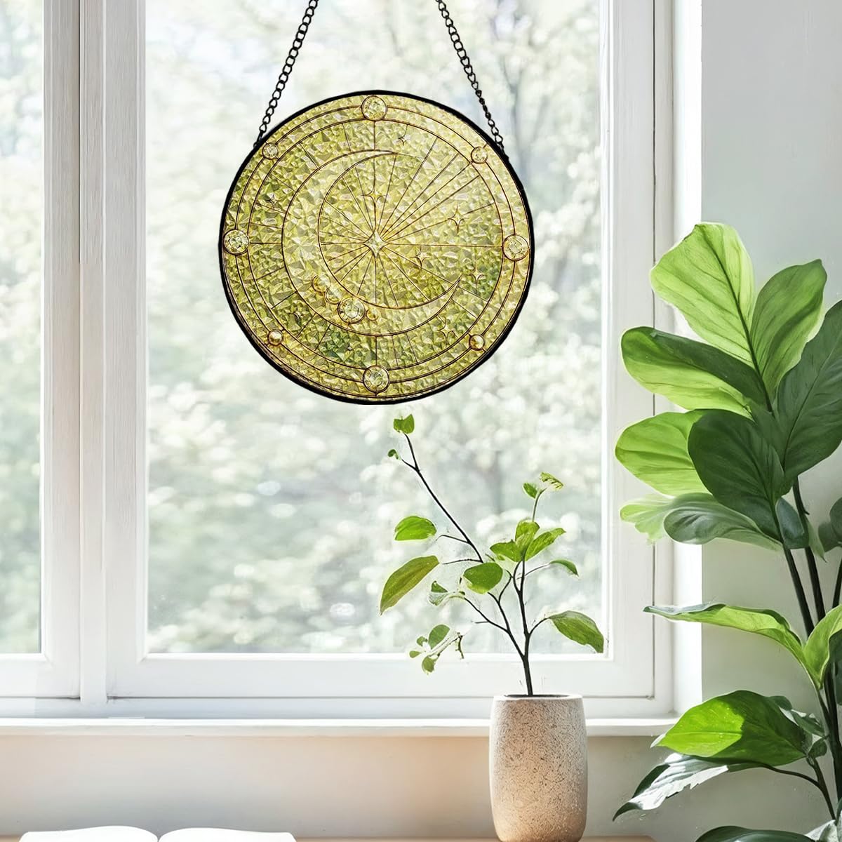 Stained Glass Window Hanging, Crescent Moon Sun Catchers Stained Glass Panels for Indoor Windows Wall Art Decor, Mother's Day Birthday Gift for Mom Women Wife Men Lovers (7.87in)