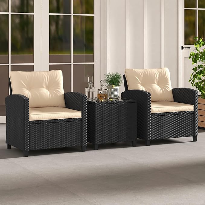 HAPPYGRILL 3 Pieces Wicker Patio Conversation Set, PE Rattan Bistro Sofa Set