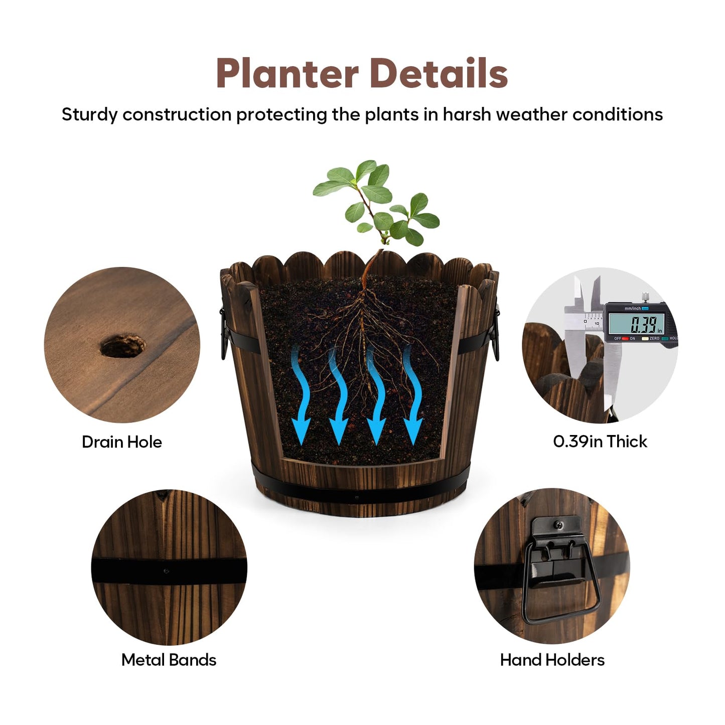 HakkaGirl Wooden Barrel Planters Flower Pots for Indoor Outdoor Plants, 10+11.5 inch Rustic Patio Garden Front Porch Planters Plant Pots Outdoor Decor Set of 2