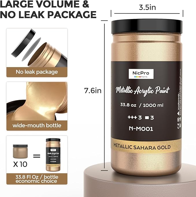 Nicpro Metallic Sahara Gold Acrylic Paint 33.8oz/1000ml, Non Toxic Non Fading