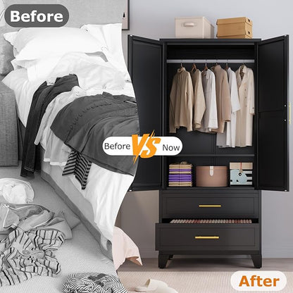 Metal Wardrobe Storage Cabinet with Mirror and Hanging Rod,71'' Metal Clothing Cabinet with 2 Doors and 2 Adjustable Shelves for Bedroom, Laundry Room, Cloak Room (Black)