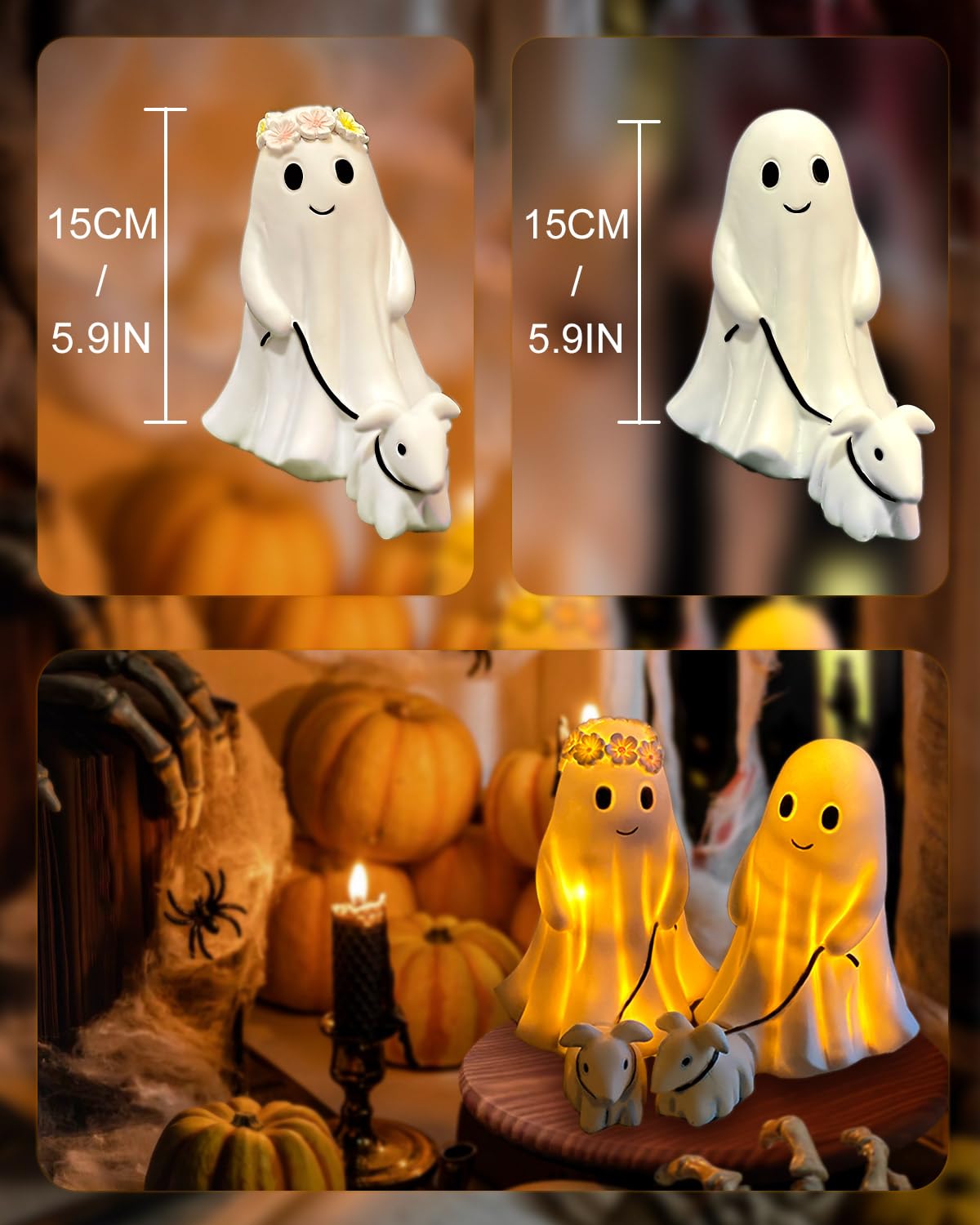 RWSEFK Display Statue Nightlight Ghost Walking Dog, Warm Lighted Indoor Figurine Lamps, Halloween Decors Spooky Dog Light, Cute Decorations for Party, Home, Bedroom, Shelf, Table Centerpiece (Girl)