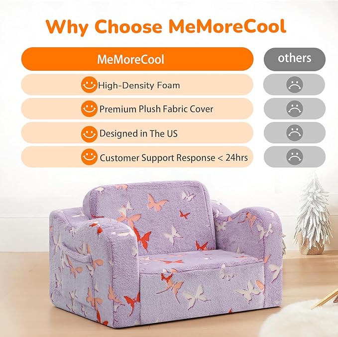 MeMoreCool Glowing Butterfly Kids Chair, 2-in-1 Foldable Kids Couch