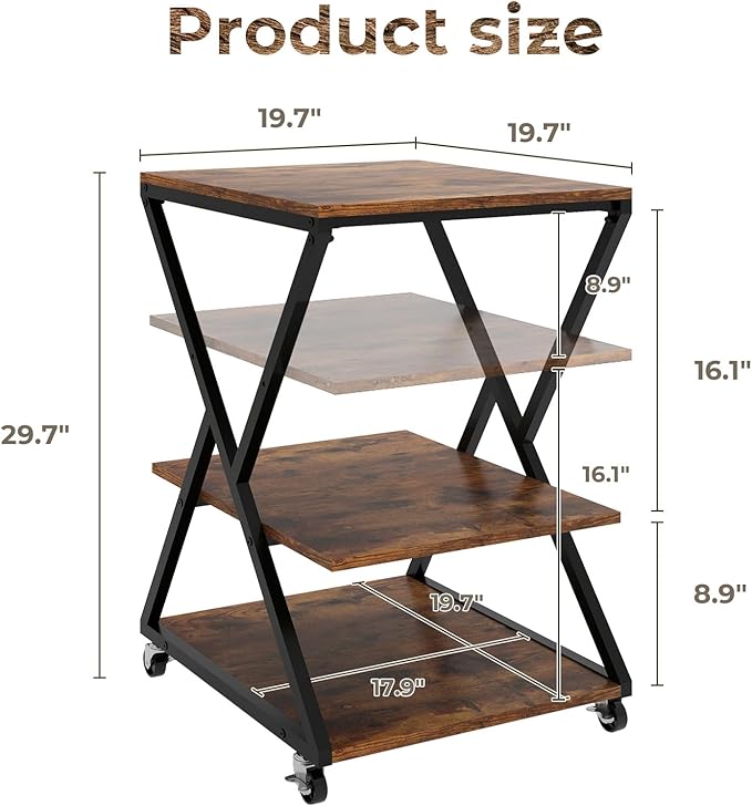 Natwind 3 Tier Printer Stand, 19.7''x19.7'' Large Printer Table with Height Adjustable Shelf, Rolling Printer Cart with Wheels,Multifunctional Organizer Shelf for Home Office Kitchen（Retro）