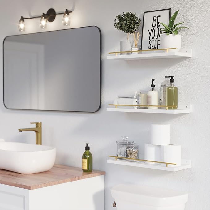 WOPITUES Floating Shelves with Gold Metal Guardrail, Shelves