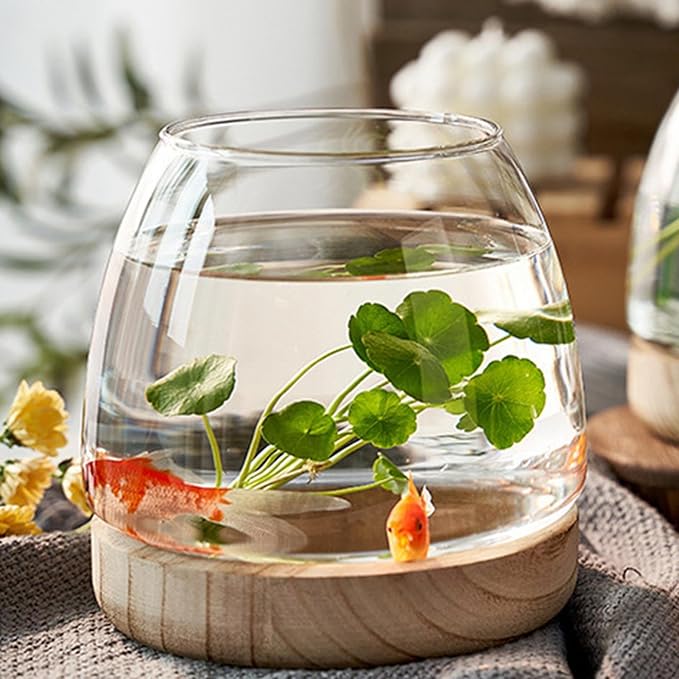 Glass Fish Bowl with Wooden Base, Transparent Small Aquarium Desktop Tank Vase Plant Terrarium Vase Home Decor, Multipurpose Aquarium Bowl for Betta Fish Goldf-ish