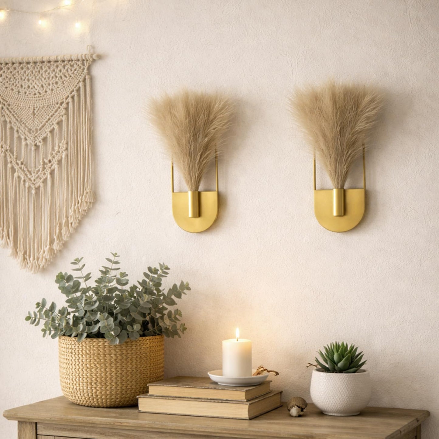 Nacidooka 2 Pcs Hanging Planters with Artificial Pampas Wall Plant Holder for Indoor Plants, Metal Hanging Vase Modern Boho Bathroom Wall Decor for Home Living Room Hallway Office(Gold)