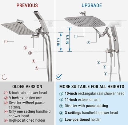 G-Promise All Metal 10 Inch Rain Shower Head with Massage Mode Handheld Spray Combo, 3-Way Diverter with Pause Setting, Full Body Coverage, Modern Bathroom Upgrade (Brushed Nickel)