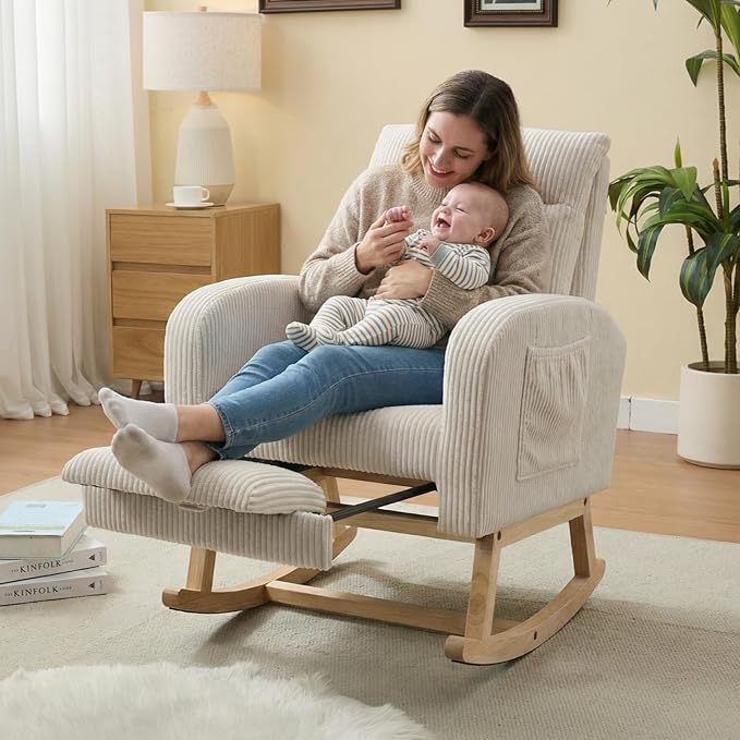 NIOIIKIT Nursery Rocking Chair, Corduroy Upholstered Rocking Chair