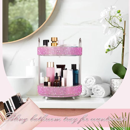 Honeydak 360 Rotating Perfume Organizer Gift for Women, Rhinestone Preppy Skincare Organizer Bathroom Counter Makeup Holder Skincare and Perfume Storage for Cosmetic(2 Tiers,Pearl,Pink)