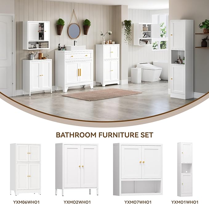 YAUWOH White Bathroom Floor Cabinet, Metal Storage Cabinet