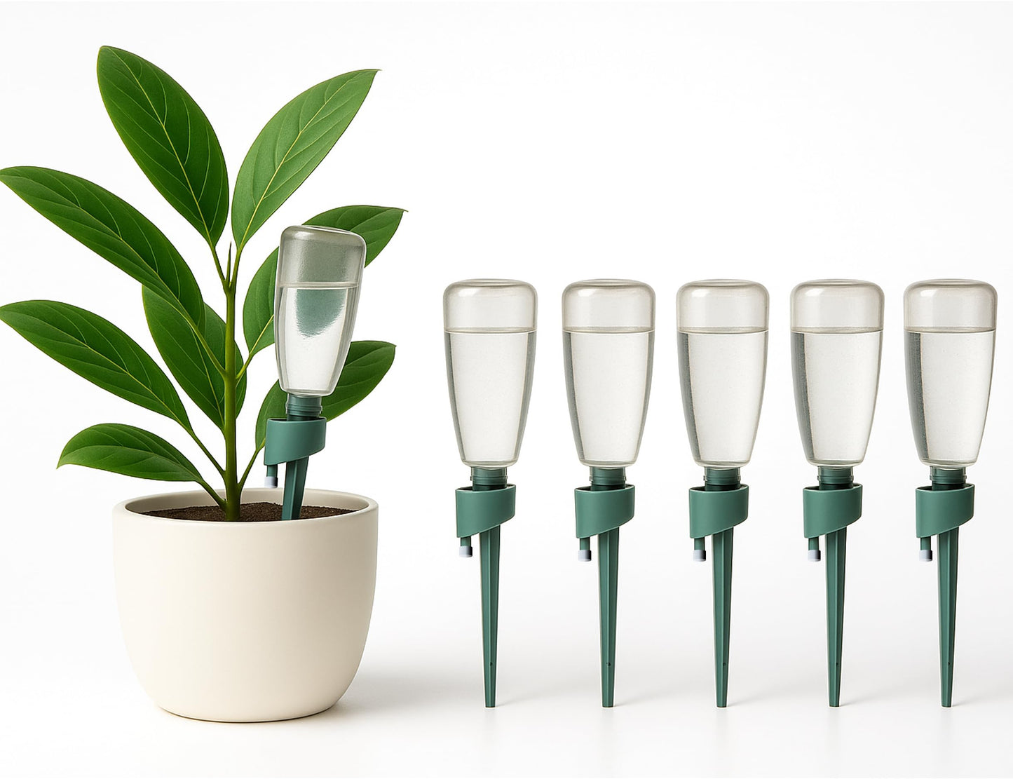 Premium Engineered, No-Leak, Adaptable Green Plant Watering Globes, 5 Pack Plant Stakes, Self Watering Spikes, Self Watering Planter Insert, Watering Bulbs for Indoor Plants, Vacation Plant Waterer
