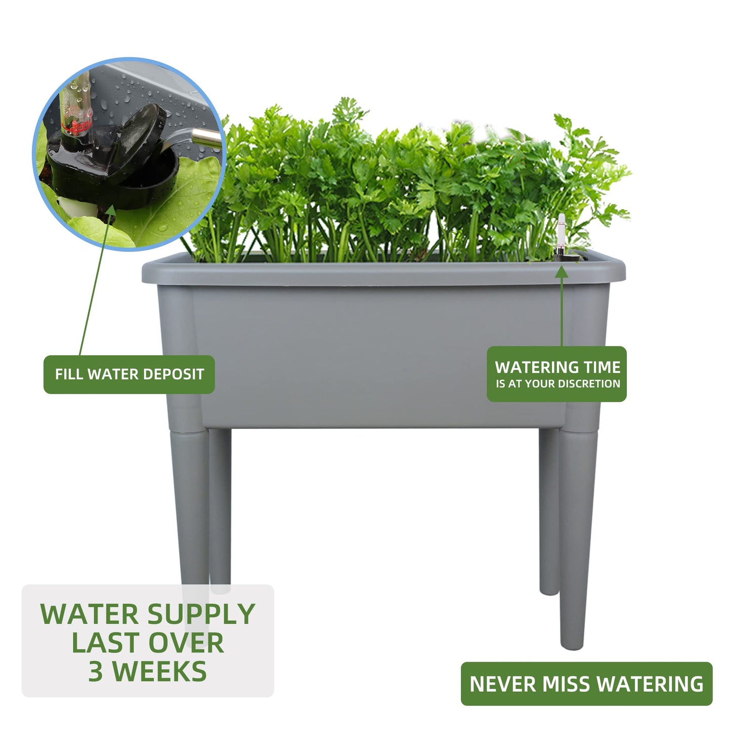 Dexceder 13.2 Gallon Self Watering Raised Garden Bed with Ventilation Transparent Lid Greenhouse, Deepen Vegetable Flower Box Planter Pot with Removeble Legs & Water Level Indicator (Deep Gray)