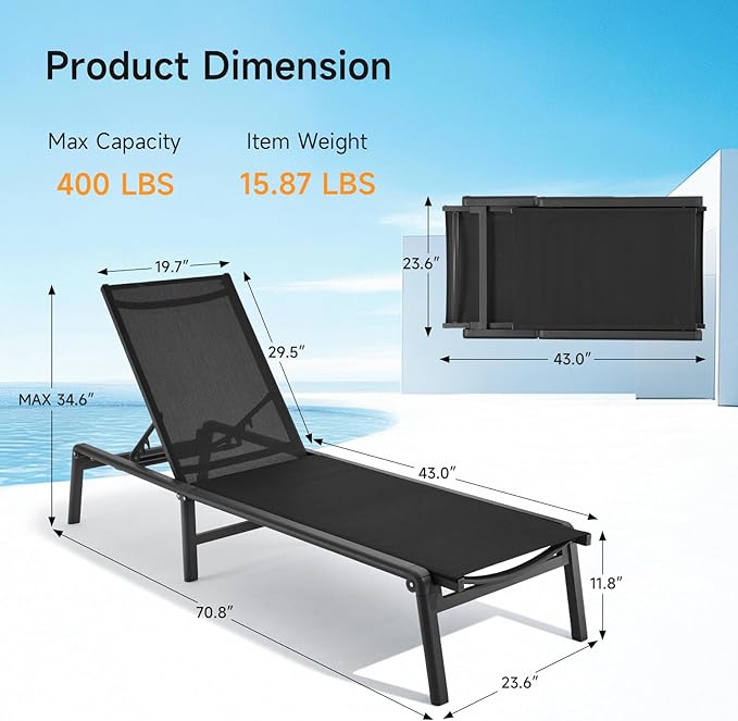 ONBRILL Aluminum Chaise Lounge Chair Outdoor, Foldable & Assembly Free Outdoor