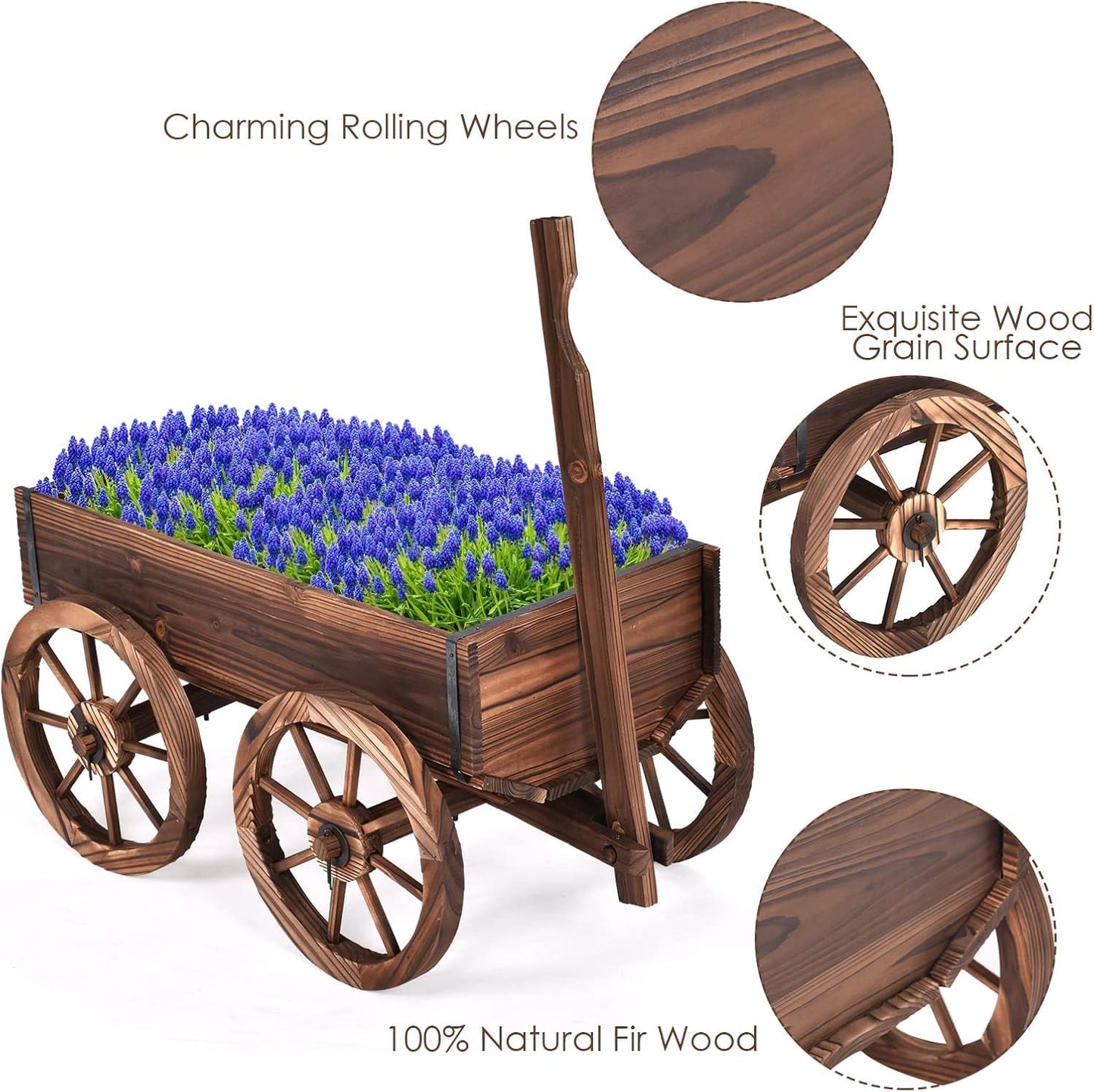 LDAILY Wooden Wagon Planter Pot, Decorative Flower Cart with Handle, Wheels, Drain Holes, Outdoor Rustic Wheelbarrow Planter Stand for Patio, Garden, Backyard, Balcony, Brown