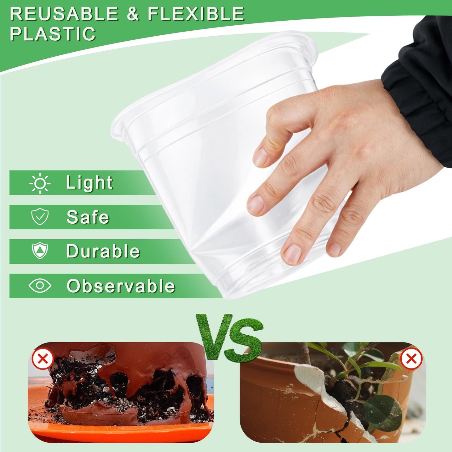 QTRQTR 12 Pack 5.75/7/8/10 Inch Large Clear Nursery Pots with Drainage Clear Plastic Pots for Plants Seedling Flower Vegetables Orchids Indoor Outdoor Gardening with Repotting Mat and Plant Labels