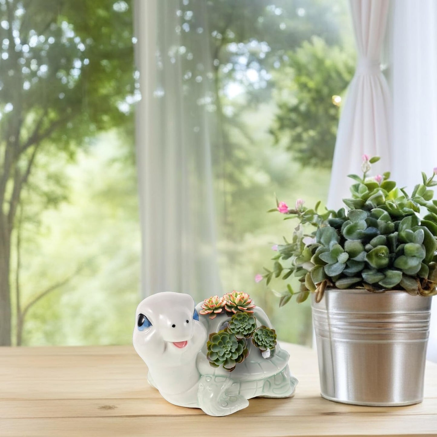DOITOOL Cute Hand-Painted Ceramic Animal Succulent Planter Pot for Indoor Outdoor Desk Decor, Small Turtle Shape Porcelain Flower Pot, Unique Tiny Cartoon Flowerpot