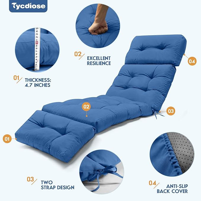 Outdoor Chaise Lounge Chair Cushion Waterproof 74.4 x 22 x 4.7 Inches Lounge