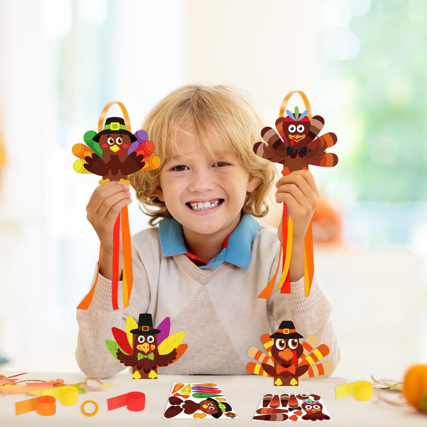 Cinrobiye 24 Set Turkey Windchime Craft Thanksgiving Windsock Kits DIY Wind Chime Flags Fall Hanging Ornament Wind Socks Farmhouse Yard Garden Patio Lawn Decor for Home School Activities Supplies