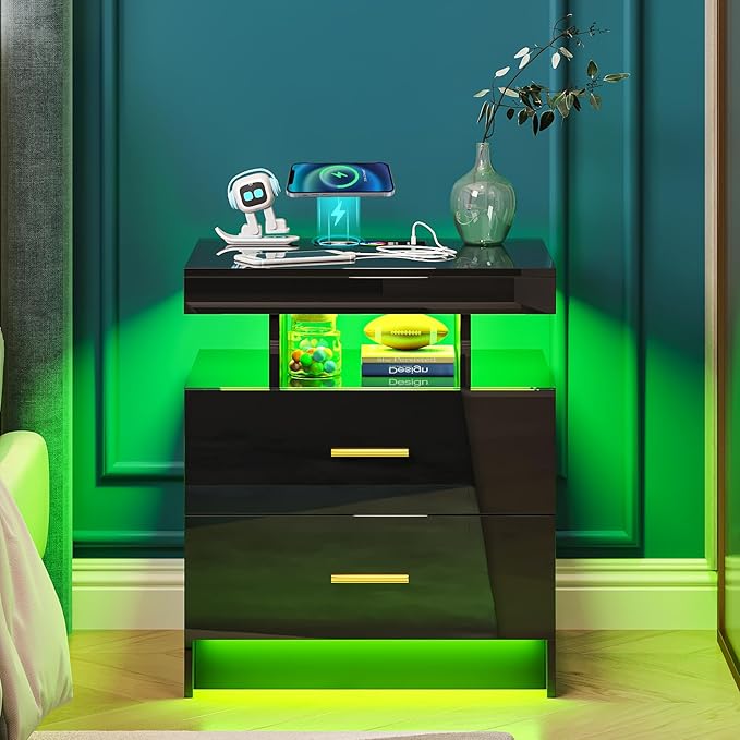 WOOVIVS Night Stand with Light, High Gloss Nightstand with USB/Wireless