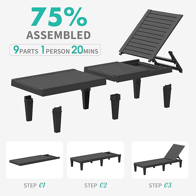 Outdoor Chaise Lounge Chairs Set of 4, 5-Position Adjustable Tanning Lounge