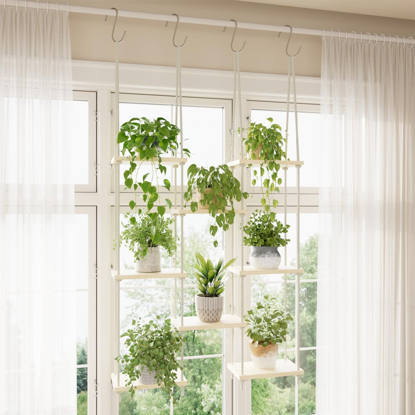 Vihawke Window Plant Shelves, 8 Tier Window Sill Shelf for Plants, Macrame Hanging Plant Stand Indoor, Plant Hanger Floating Shelves, Window Plants Holder Boho Decor Living Room Bedroom Wall Decor