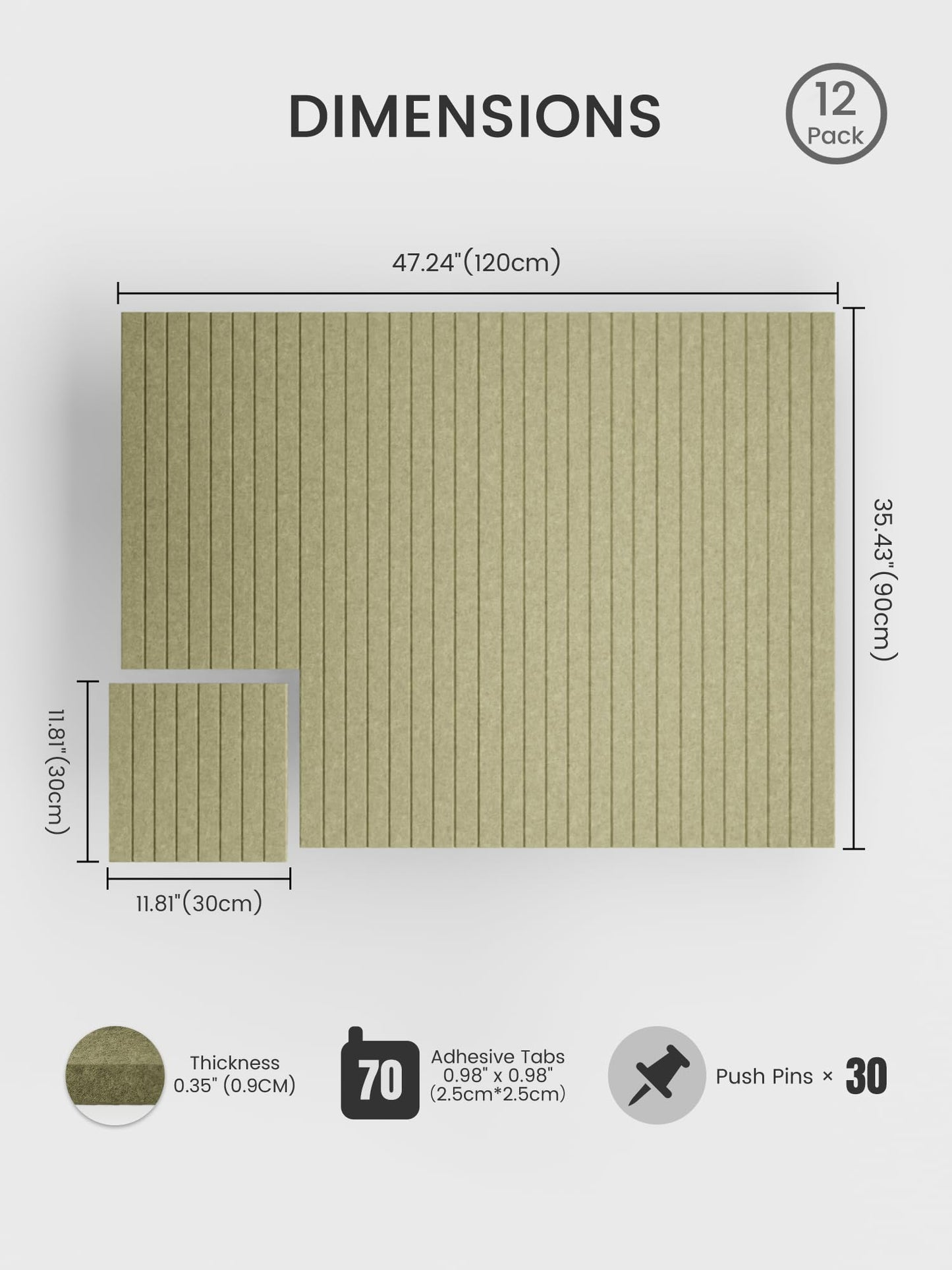 Bumusty Large Cork Board Alternative-48 x 36" Felt Bulletin Board Tiles, with 30 Pushpins, 70 Adhesive Tabs, Fine-Stripe 12-Pack, Cork Boards for Office Push Pin Board Felt Board-Olive Green