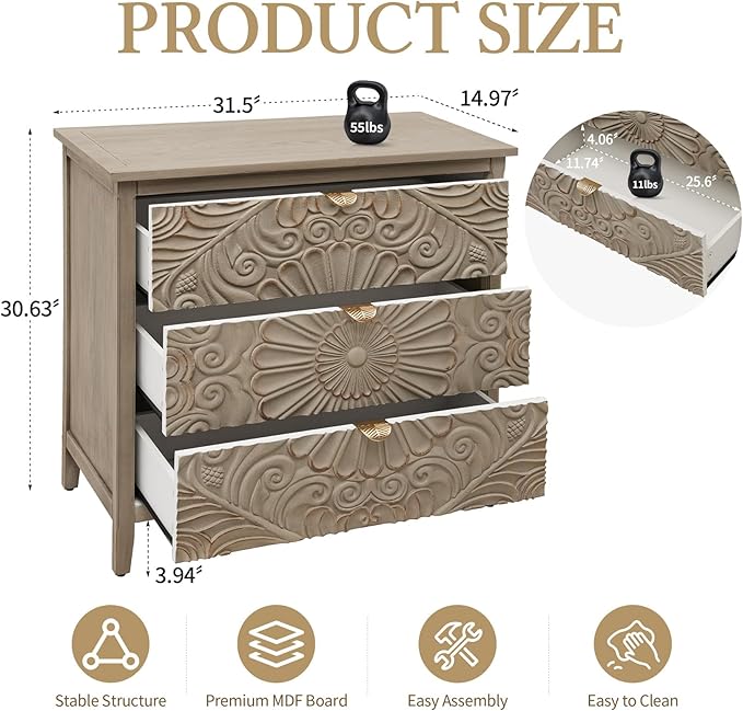 31.5" Carved 3-Drawer Cabinet